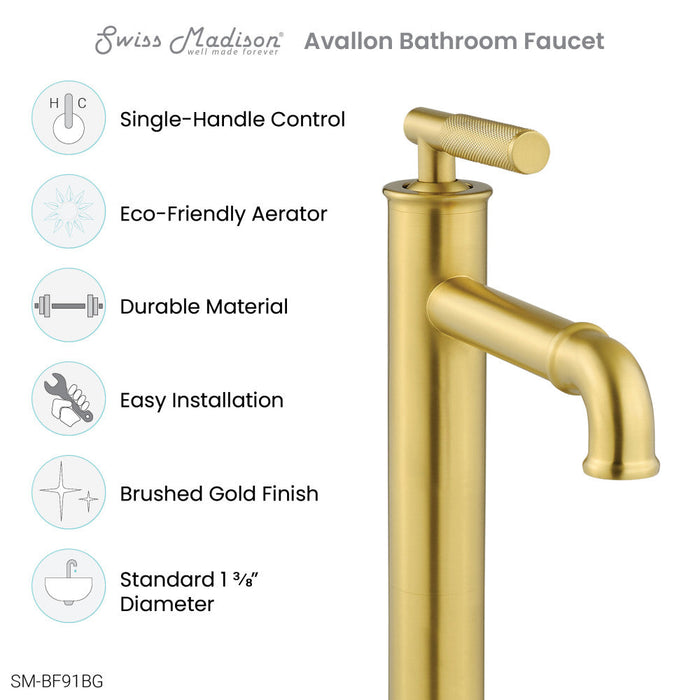 Swiss Madison Avallon Single Hole, Single-Handle Sleek, High Arc Bathroom Faucet in Brushed Gold - SM-BF91BG