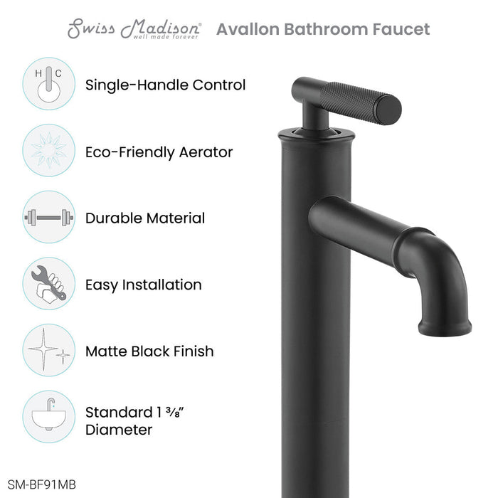 Swiss Madison Avallon Single Hole, Single-Handle Sleek, High Arc Bathroom Faucet in Matte Black - SM-BF91MB