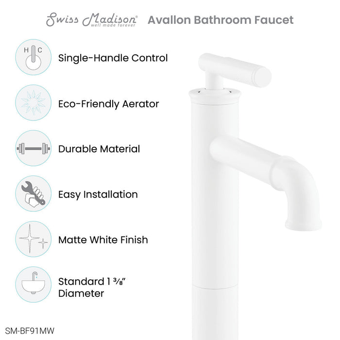 Swiss Madison Avallon Single Hole, Single-Handle Sleek, High Arc Bathroom Faucet in Matte White - SM-BF91MW