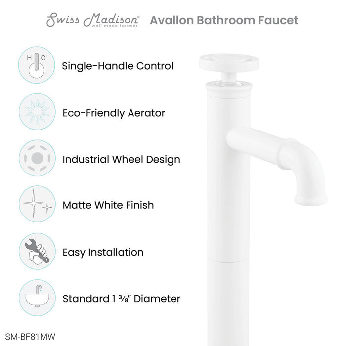 Swiss Madison Avallon Single Hole, Single-Handle Wheel, High Arc Bathroom Faucet in Matte White - SM-BF81MW