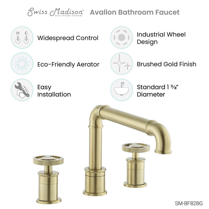 Swiss Madison Avallon 8 in. Widespread, 2-Handle Wheel, Bathroom Faucet in Brushed Gold - SM-BF82BG