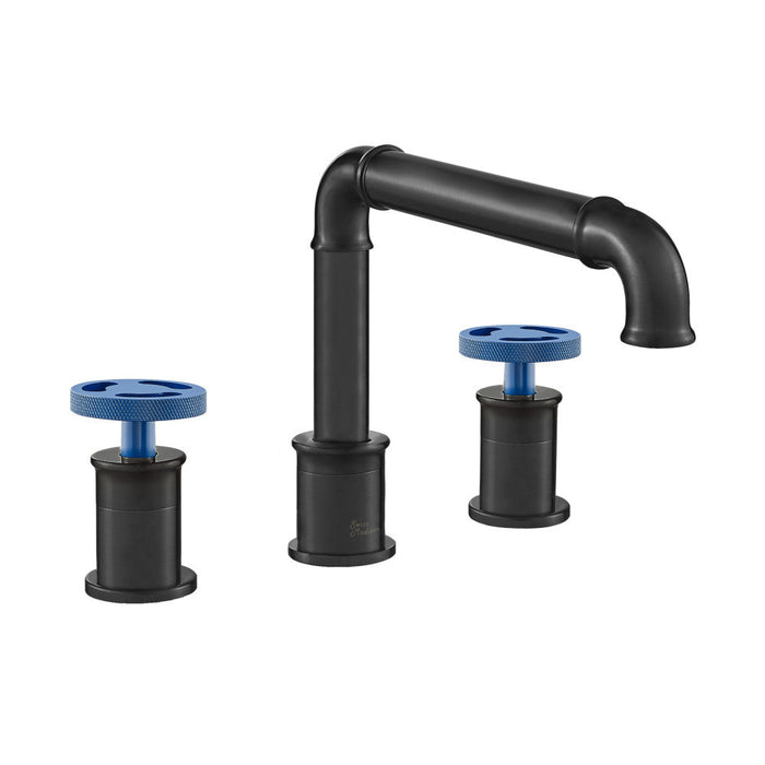 Swiss Madison Avallon 8 in. Widespread, 2-Handle Wheel, Bathroom Faucet in Matte Black with Blue Handles - SM-BF85BB