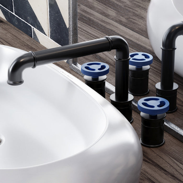 Swiss Madison Avallon 8 in. Widespread, 2-Handle Wheel, Bathroom Faucet in Matte Black with Blue Handles - SM-BF85BB