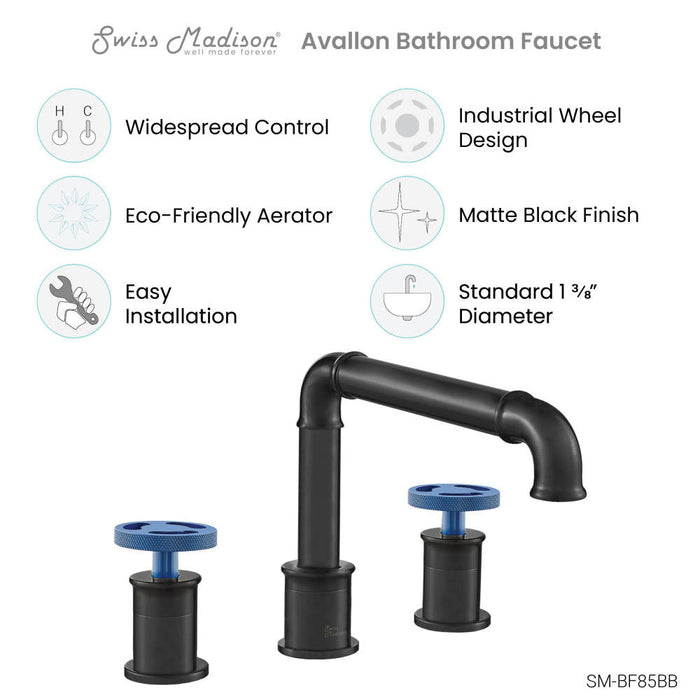 Swiss Madison Avallon 8 in. Widespread, 2-Handle Wheel, Bathroom Faucet in Matte Black with Blue Handles - SM-BF85BB