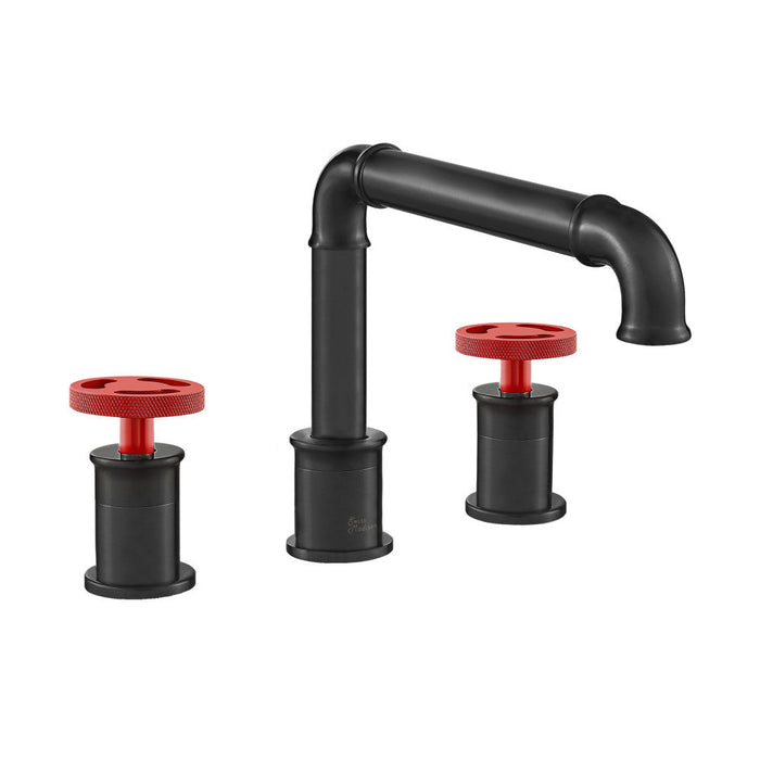 Swiss Madison Avallon 8 in. Widespread, 2-Handle Wheel, Bathroom Faucet in Matte Black with Red Handles - SM-BF85BR