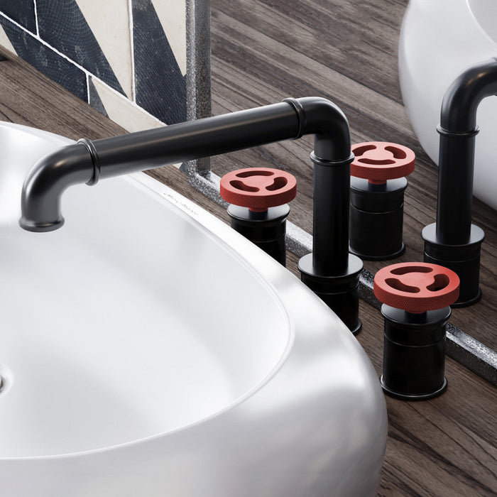 Swiss Madison Avallon 8 in. Widespread, 2-Handle Wheel, Bathroom Faucet in Matte Black with Red Handles - SM-BF85BR