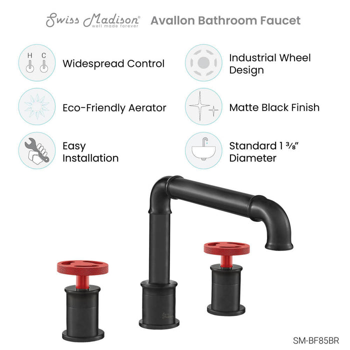 Swiss Madison Avallon 8 in. Widespread, 2-Handle Wheel, Bathroom Faucet in Matte Black with Red Handles - SM-BF85BR