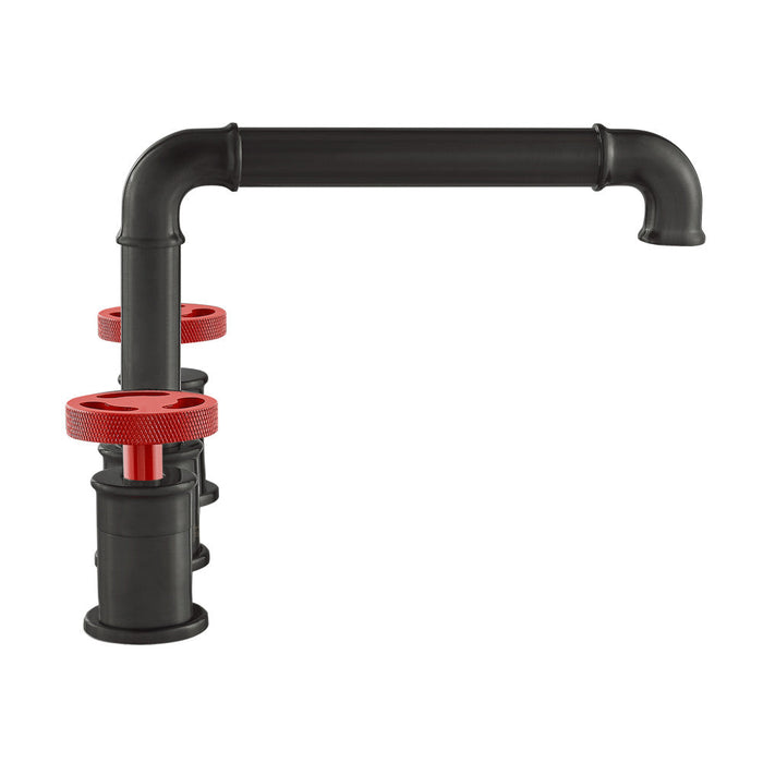 Swiss Madison Avallon 8 in. Widespread, 2-Handle Wheel, Bathroom Faucet in Matte Black with Red Handles - SM-BF85BR