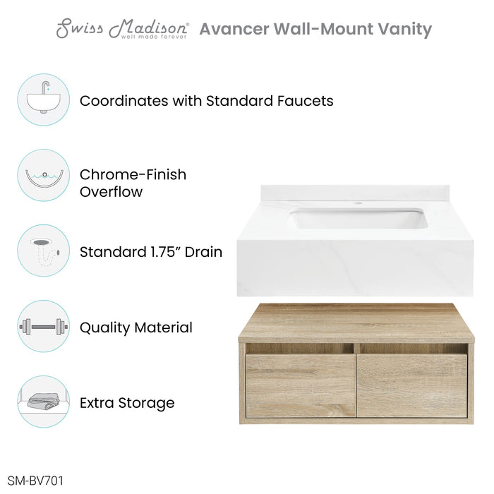 Swiss Madison Avancer 24" Wall-Mounted Bathroom Vanity in Calacatta and White Oak - SM-BV700