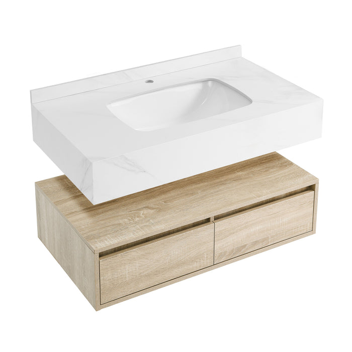 Swiss Madison Avancer 36" Wall-Mounted Bathroom Vanity in Calacatta and White Oak - SM-BV701