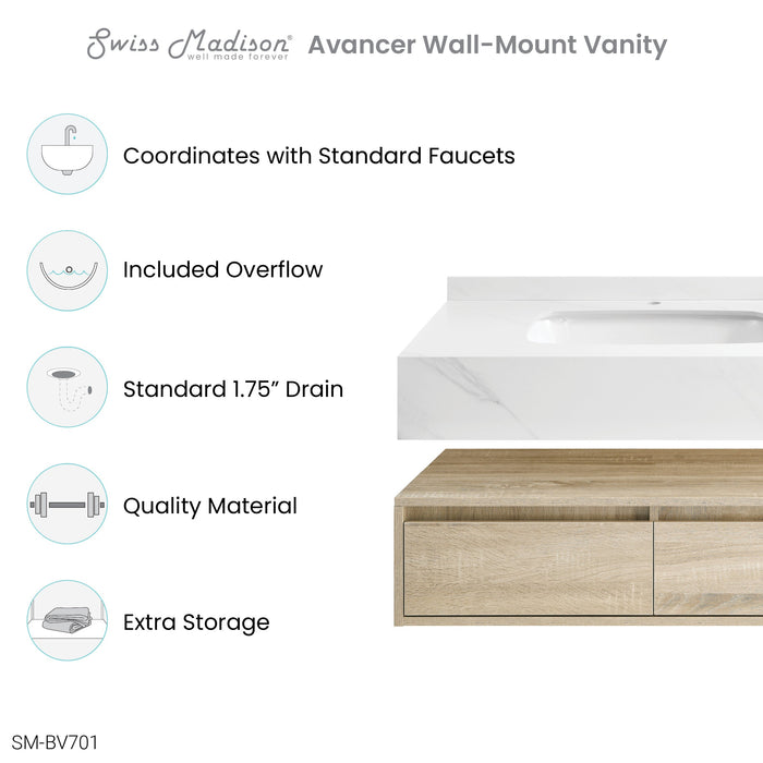 Swiss Madison Avancer 36" Wall-Mounted Bathroom Vanity in Calacatta and White Oak - SM-BV701