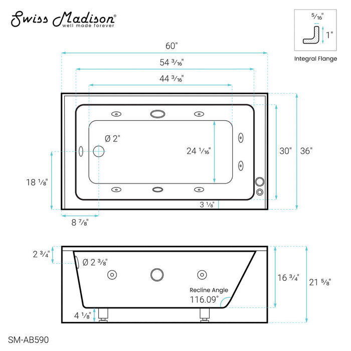 Swiss Madison Avancer 60" x 36" Left-Hand Drain Rectangular Alcove Whirlpool Bathtub with Apron - SM-AB590