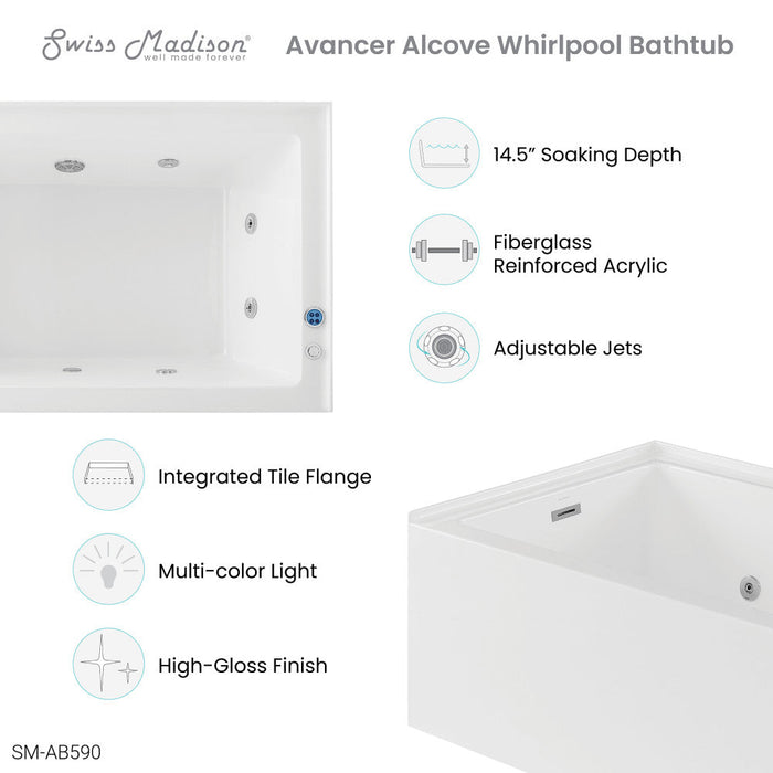 Swiss Madison Avancer 60" x 36" Left-Hand Drain Rectangular Alcove Whirlpool Bathtub with Apron - SM-AB590