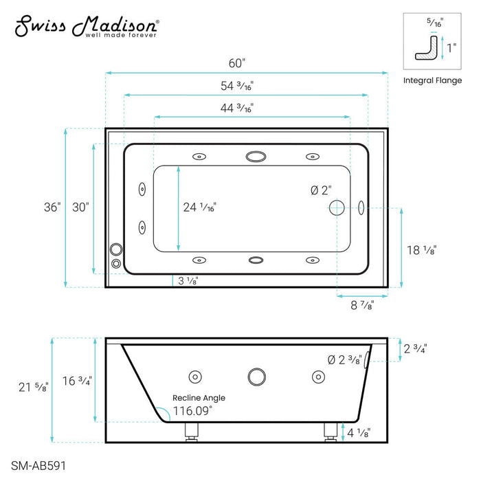 Swiss Madison Avancer 60" x 36" Right-Hand Drain Rectangular Alcove Whirlpool Bathtub with Apron - SM-AB591