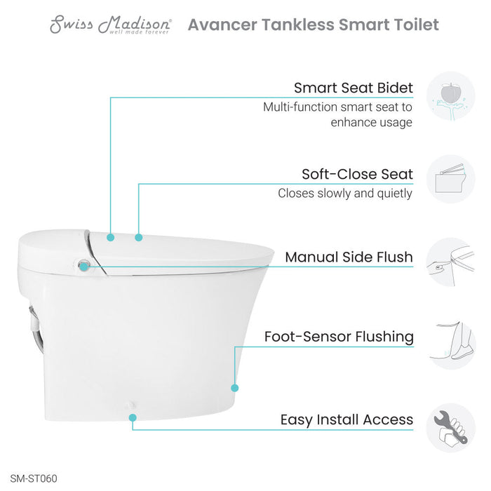 Swiss Madison Avancer Smart Tankless Elongated Toilet and Bidet, Touchless Vortex Dual-Flush 1.1/1.6 gpf - SM-ST060