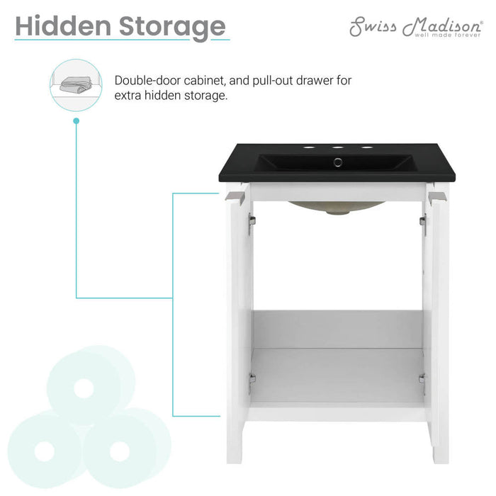 Swiss Madison Bastille 24 in. White Bathroom Vanity With Black, 3-Hole Ceramic Sink Top - SM-BV290-3MB