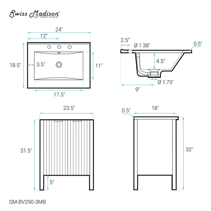 Swiss Madison Bastille 24 in. White Bathroom Vanity With Black, 3-Hole Ceramic Sink Top - SM-BV290-3MB