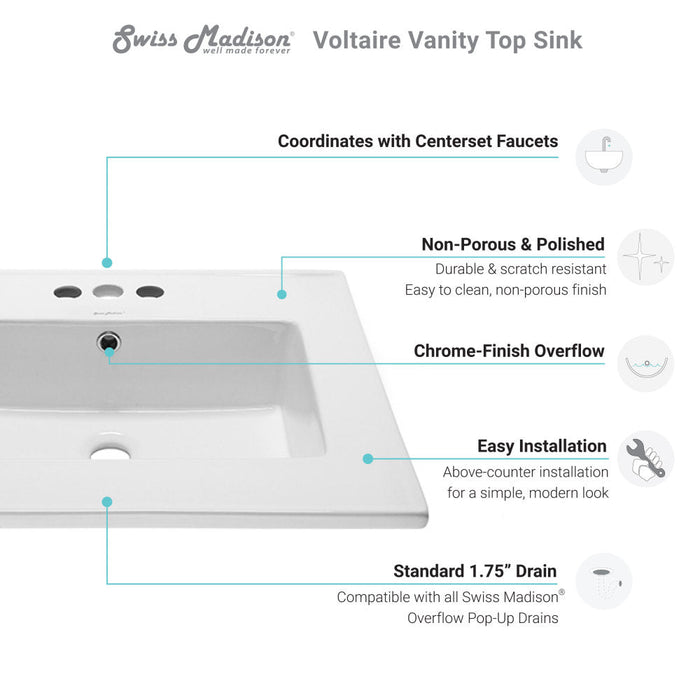 Swiss Madison Voltaire 25 Vanity Top Sink with 3 Centerset Faucet Holes