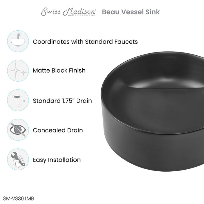 Swiss Madison Beau 16.5" Round Vessel Bathroom Sink in Matte Black - SM-VS301MB