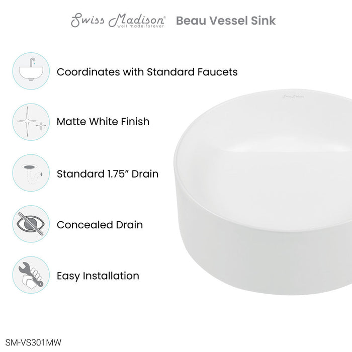 Swiss Madison Beau 16.5" Round Vessel Bathroom Sink in Matte White - SM-VS301MW