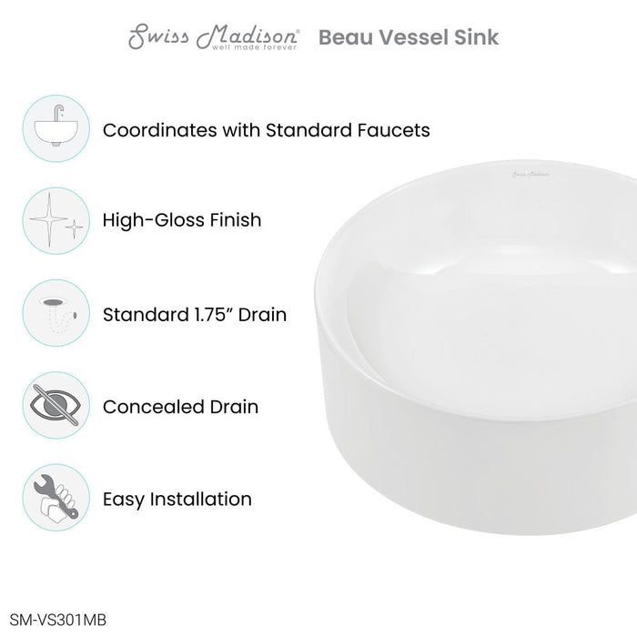 Swiss Madison Beau 16.5" Round Vessel Bathroom Sink - SM-VS301