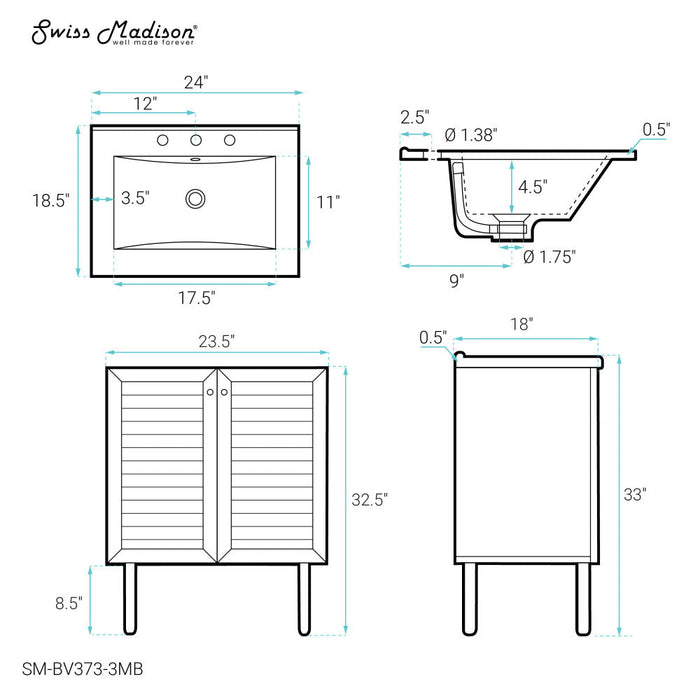 Swiss Madison Bron 24 in. Brown Oak Bathroom Vanity With Black, 3-Hole Ceramic Sink Top - SM-BV373-3MB