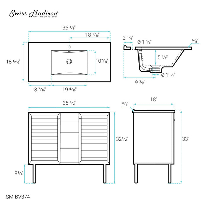 Swiss Madison Bron 36" Bathroom Vanity in Oak - SM-BV374