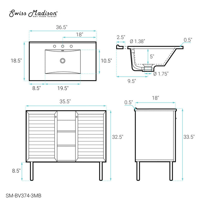 Swiss Madison Bron 36 in. Brown Oak Bathroom Vanity With Black, 3-Hole Ceramic Sink Top - SM-BV374-3MB