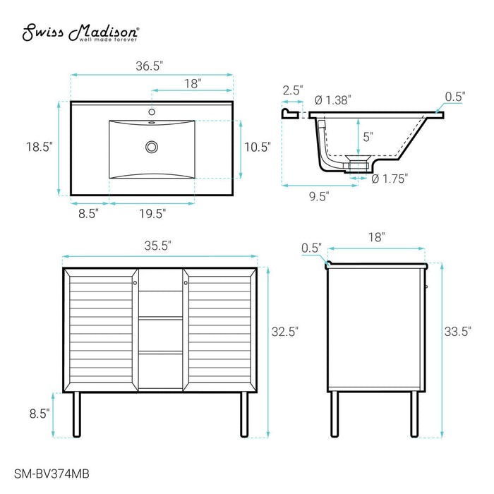 Swiss Madison Bron 36 in. Brown Oak Bathroom Vanity With Black Ceramic Sink Top - SM-BV374MB