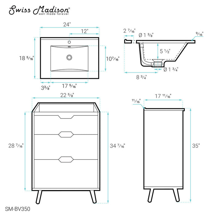 Swiss Madison Brusque 24" Bathroom Vanity in White Oak - SM-BV350