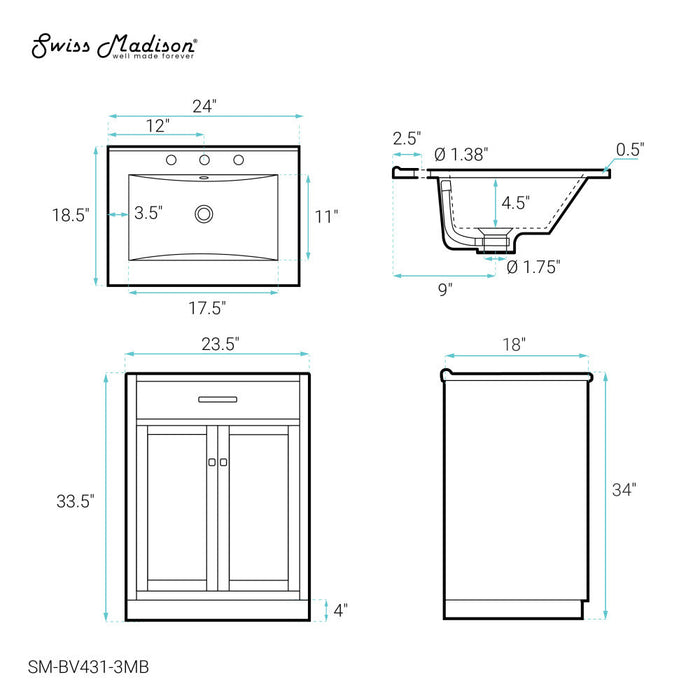 Swiss Madison Burdon 24 in. Brown Bathroom Vanity With Black, 3-Hole Ceramic Sink Top - SM-BV431-3MB