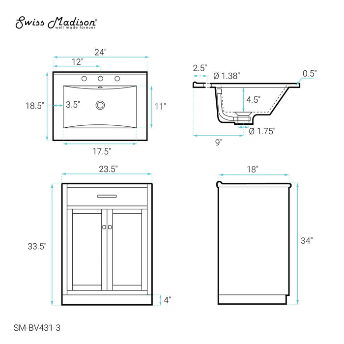 Swiss Madison Burdon 24 in. Brown Bathroom Vanity With White, 3-Hole Ceramic Sink Top - SM-BV431-3