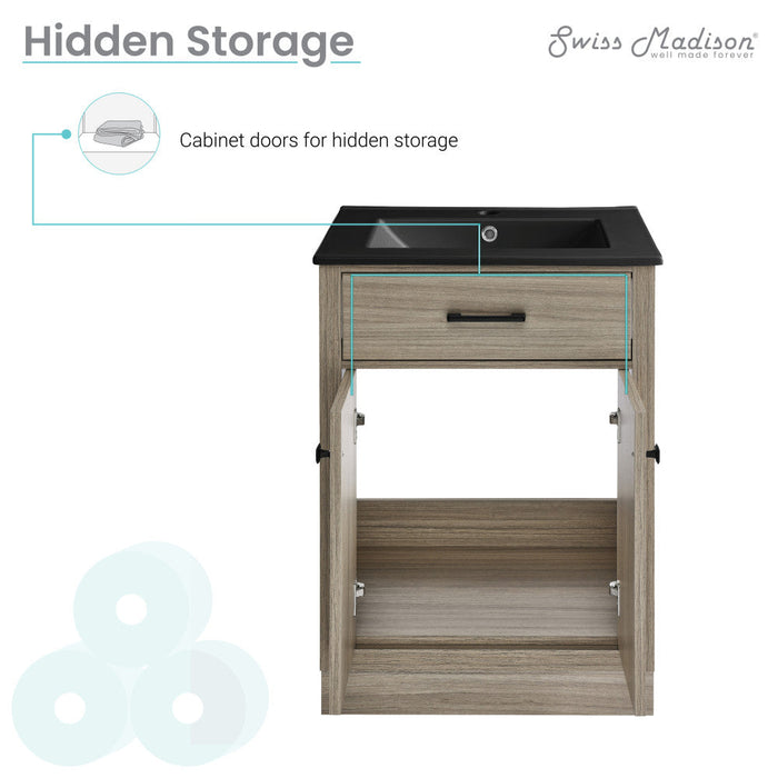 Swiss Madison Burdon 24 in. Brown Oak Bathroom Vanity With Black Ceramic Sink Top - SKU: SM-BV432MB