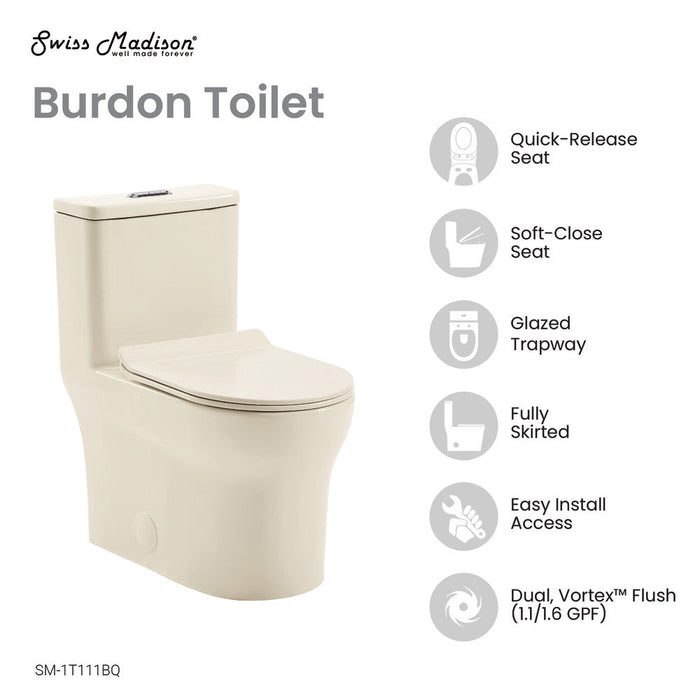 Swiss Madison Burdon One Piece Square Toilet Dual Flush 1.1/1.6 gpf in Bisque - SM-1T111BQ