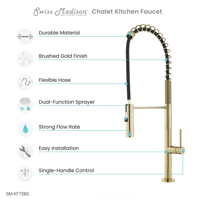 Swiss Madison Chalet Single Handle, Pull-Down Kitchen Faucet in Brushed Gold
