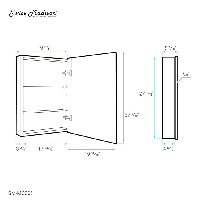 Swiss Madison Cache 20 in. x 30 in. Mirrored Aluminum Medicine Cabinet - SM-MC001