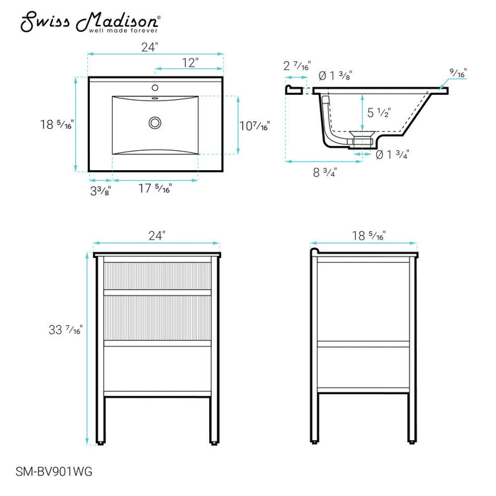 Swiss Madison Cache 24" Freestanding, Bathroom Vanity in White and Gold - SM-BV901WG