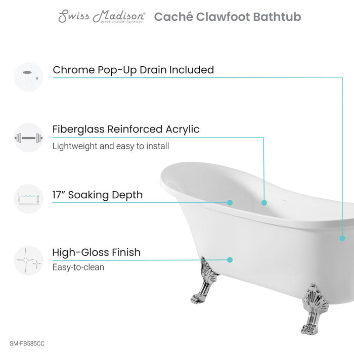 Swiss Madison Cache Single Slipper, Clawfoot Soaking Acrylic Bathtub, Chrome Clawfoot - SM-FB585CC