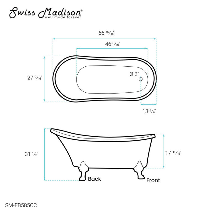 Swiss Madison Cache Single Slipper, Clawfoot Soaking Acrylic Bathtub, Chrome Clawfoot - SM-FB585CC