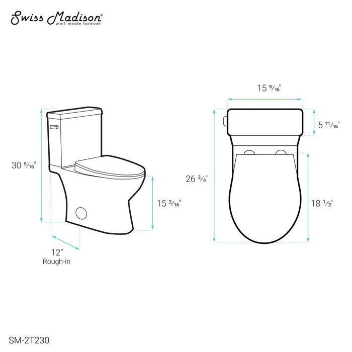 Swiss Madison Cache Two-Piece Elongated Toilet Left Side Flush Handle Toilet 1.28 gpf - SM-2T230