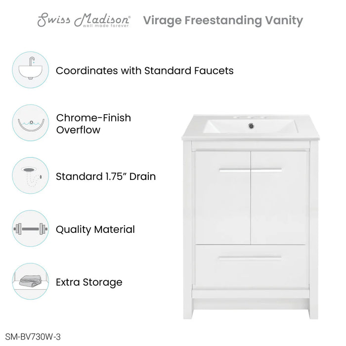 Swiss Madison Virage 24 in. White Bathroom Vanity With White, 3-Hole Ceramic Sink Top - SM-BV730W-3