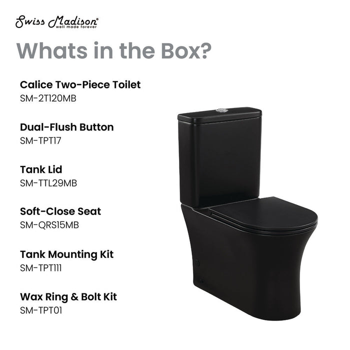 Swiss Madison Calice Two-Piece Elongated Rear Outlet Toilet Dual-Flush 0.8/1.28 gpf in Matte Black - SM-2T120MB