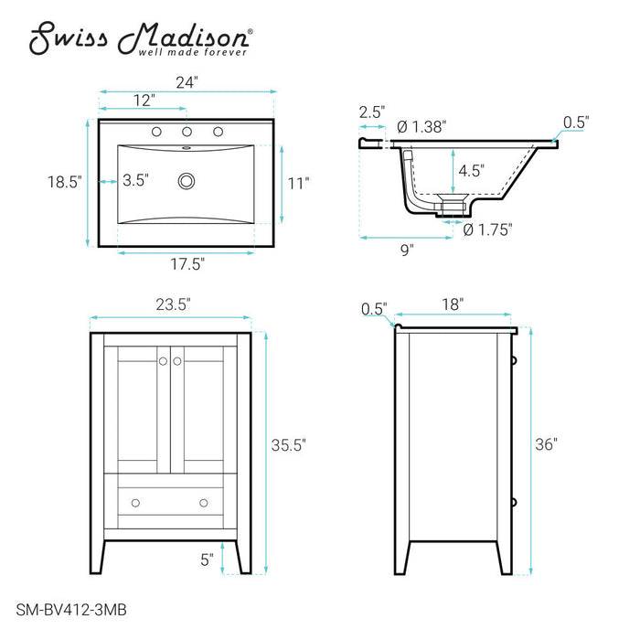 Swiss Madison Cannes 24 in. White Bathroom Vanity With Black, 3-Hole Ceramic Sink Top - SM-BV412-3MB