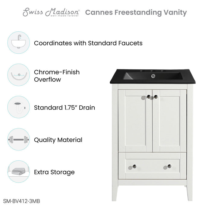 Swiss Madison Cannes 24 in. White Bathroom Vanity With Black, 3-Hole Ceramic Sink Top - SM-BV412-3MB