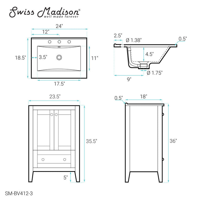 Swiss Madison Cannes 24 in. White Bathroom Vanity With White, 3-Hole Ceramic Sink Top - SM-BV412-3