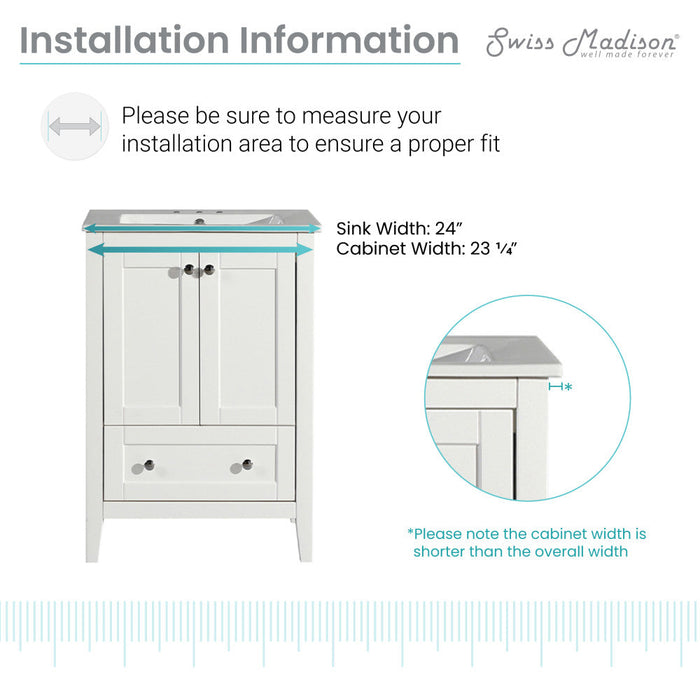 Swiss Madison Cannes 24 in. White Bathroom Vanity With White, 3-Hole Ceramic Sink Top - SM-BV412-3