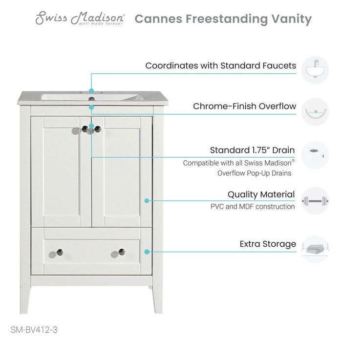 Swiss Madison Cannes 24 in. White Bathroom Vanity With White, 3-Hole Ceramic Sink Top - SM-BV412-3