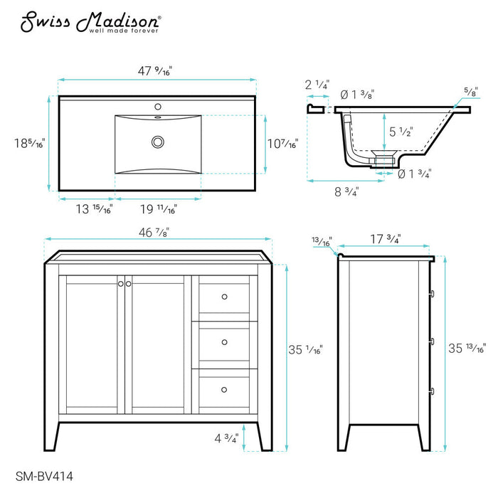 Swiss Madison Cannes 48 Single, Two Doors, Three Drawers, Bathroom Vanity - SM-BV414