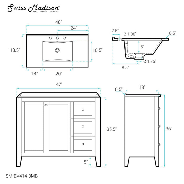 Swiss Madison Cannes 48 in. White Bathroom Vanity With Black, 3-Hole Ceramic Sink Top - SM-BV414-3MB