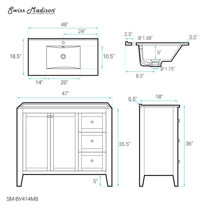 Swiss Madison Cannes 48 in. White Bathroom Vanity With Black Ceramic Sink Top - SM-BV414MB